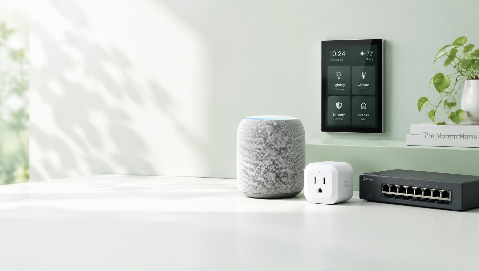 Smart home touch panel, speaker, smart plug and network switch in a bright room